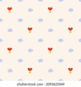 Love seamless pattern with cute heart shaped balloon and clouds
