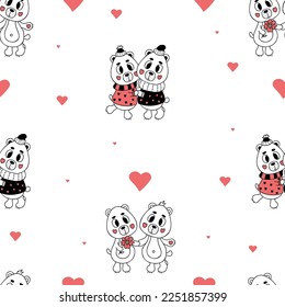 El amor es un patrón sin fisuras. Los osos románticos, íntimos, con fondo blanco y corazones. Ilustración vectorial en estilo doodle. Fondo ilimitado para tarjetas de San Valentín, fondos de escritorio, embalaje, impresión