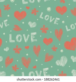 Love seamless pattern. Doodle hearts on blue background. Ideal for textile, wallpaper, wrapping, web pages, etc.
