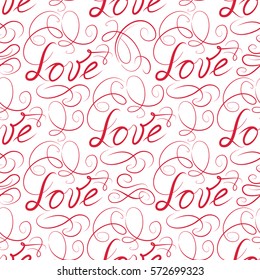 Love seamless pattern. Doodle ornamental swirl calligraphic vignette background with handwritten lettering LOVE.