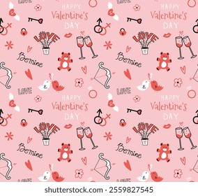 Love Seamless Pattern. Doodle Valentine's day holiday background texture, romantic wedding. Drawing San Valentines Background Love Seamless Pattern.