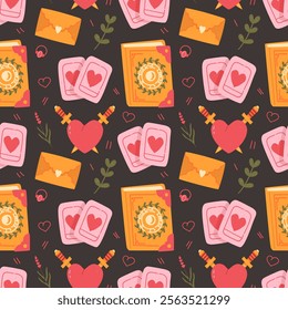 Love seamless pattern with fortune telling cards, book of magic