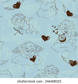 Love seamless pattern with funny cartoon cupids, hearts and clouds