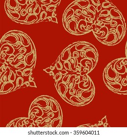 Love seamless pattern. Golden hearts with swirls on red background