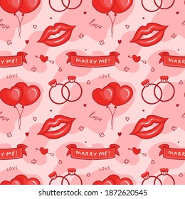 Love Seamless Pattern with Heart Balloon, Lips, Love Banner, and Wedding Ring. You can use this design to create poster, tshirt, pillow, tote bag, pouch, phone case, etc.