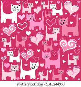 Love seamless pattern. Heart and Cats background in pink. Vector Illustration