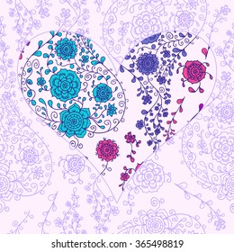 Love seamless pattern with heart and flowers. Hand drawn vector illustration. Valentine pattern. Wedding Invitation Template