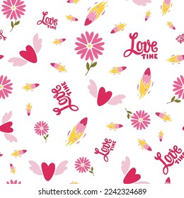Love seamless pattern. Heart shape flowers, flying hearts and hand drawn lettering Love Time. For wrapping paper, textile, scrapbooking, greetings, DIY projects.