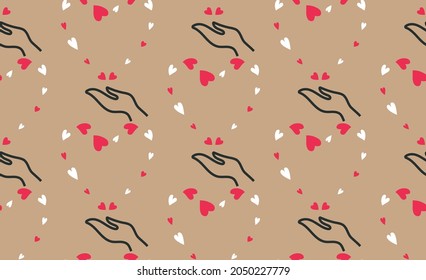 Me encanta enviar un patrón impecable.  Rojo, formas de corazón blanco, ilustración de la mano del contorno. El color de la artesanía marrón es fácil de editar. Vector