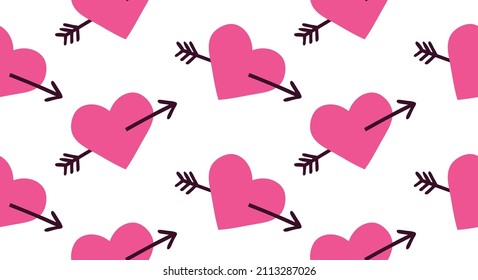 In love. Seamless pattern with hearts. Arrow through the heartbreak. 