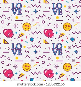 Love seamless pattern with hearts, enamored emoji and abstract geometric shapes in Memphis style. Colorful trendy vector background. Valentine's Day and romantic themes.