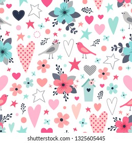 Love seamless pattern with hearts, flowers and stars. For wedding and Valentine's day designs. Also for gift wrapping paper, fabric and surface textures. Vector illustration.