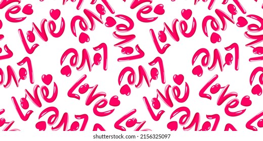 Love seamless pattern with hearts and lettering. Valentine's day romantic cute design. Doodle, cartoon style.