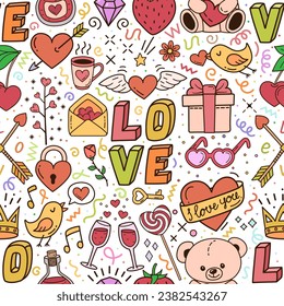 Love seamless pattern with hearts, toys, birds, teddy bear and berries randomly scattered. Vector background for Valentine's Day or fun design for cards, wrappers, bookmarks. Set of doodle elements.