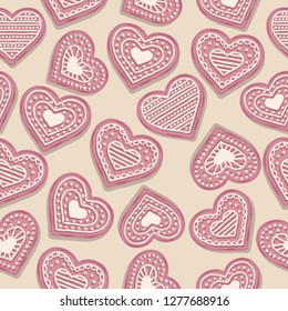 Love seamless pattern with pink heart cookies. Valentine pattern