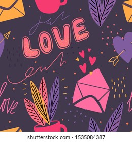 Love seamless pattern for print, textile, wallpaper. Modern kids stickers background.