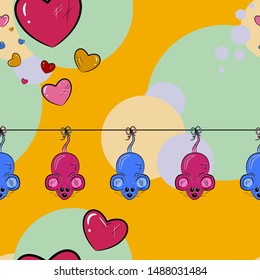 Love Seamless Pattern with rats, mouses and hearts. Vector illustration. 
