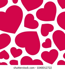 Love seamless pattern with red hearts. Valentine's day background. Vector abstract texture with big and small scattered hearts on white backdrop. Festive design for decoration, gift paper, covers