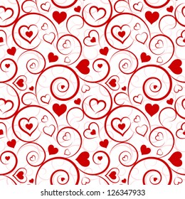 Love seamless pattern. Red hearts and swirls on white background