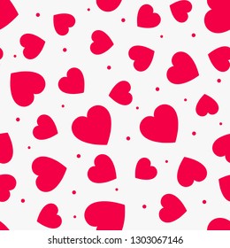 Love seamless pattern with red hearts on у wight background. Vector illustration.
