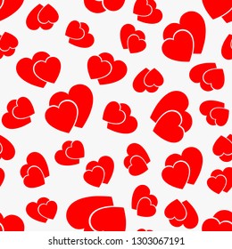 Love seamless pattern with red hearts on у wight background. Vector illustration.
