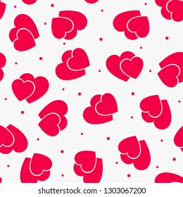Love seamless pattern with red hearts on у wight background. Vector illustration.