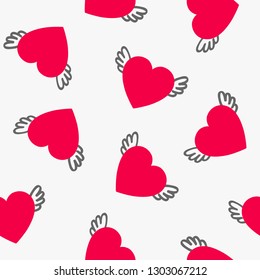 Love seamless pattern with red hearts on у wight background. Vector illustration.
