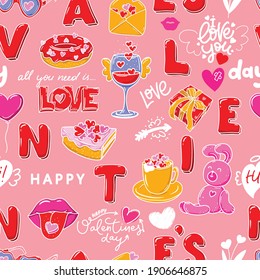 Love seamless pattern with red letters, sweets, donuts, hearts. Valentine's day romantic cute design. Doodle, cartoon style.