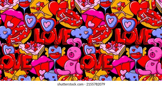 El amor es un patrón sin fisuras con letras rojas, dulces, donuts, corazones. El romántico diseño lindo del día de San Valentín. Doodle, estilo de dibujos animados.