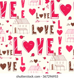 Love seamless pattern. Romantic concept background. Seamless pattern can be used for wallpaper, pattern fills, web page background,surface textures.Sketchy font doodles. Vector design elements.