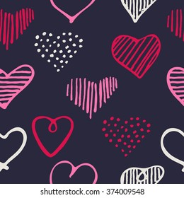 Love seamless pattern romantic doodle hearts unique hand drawn elements for Valentines Day and Wedding, invitation card background, wrapping paper and design   