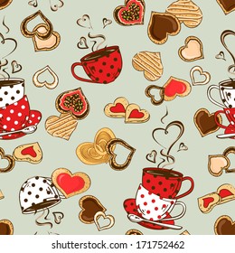 Love seamless pattern of teacups and heart cookies