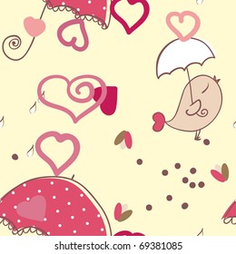 love seamless pattern with umbrella, hearts and bird