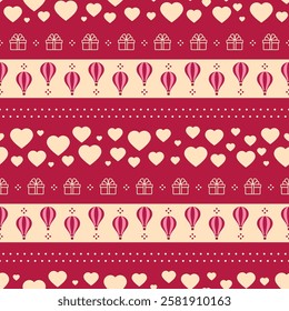 Love seamless pattern. Valentine background. Vintage vinous print with hearts and hot air balloons. Retro romantic texture. Cute wrapping paper. Vector illustration. Geometric design. Romance backdrop