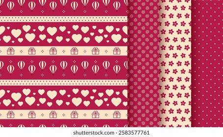 Love seamless pattern. Valentine background. Vintage vinous texture with heart, polka dot, flower. Retro romantic prints. Cute wrapping paper. Vector illustration. Geometric design. Romance backdrop.