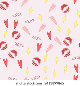 Love seamless pattern. Valentine Day Xo xo. vector hand drawn xoxo text and heart