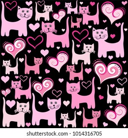 Love seamless pattern. Valentines day background. Celebration background with Cats and hearts. Seamless wrapping paper. Vector illustration.