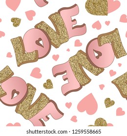 Love seamless pattern. Valentine's Day background. Lettering. Gold and pink colors. Hand drawn hearts and text. Design for wedding. February 14