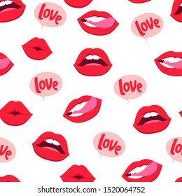 Love seamless pattern. Valentines day wrapping paper. Handwritten grunge brush love with red woman lips. Romantic wallpaper for girls, textile, clothes, wrapping paper