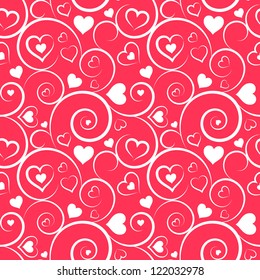 Love seamless pattern. White hearts and swirls on pink background