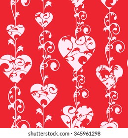 Love seamless pattern. White hearts and swirls on red background