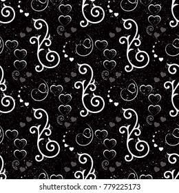 Love seamless pattern. White hearts and swirls on black background