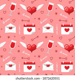 Love Seamless Pattern With Wine Glass, Heart Wings, Love Letter, And Wedding Date. You Can Use This Design To Create Poster, Tshirt, Pillow, Tote Bag, Pouch, Phone Case, Etc.