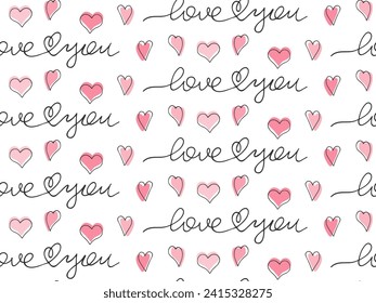 Love seamless pattern. Love you lettering and hand drawn hearts. Doodle outline romantic illustration. Pattern for wallpaper, fabric, wrapping paper, social media