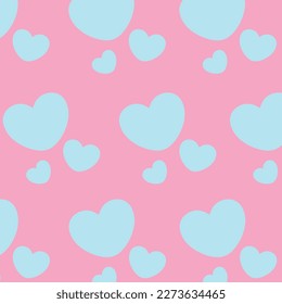 Love seamless repeat pattern with baby pink hearts. Vector abstract texture with big hearts on Sky blue backdrop. For website design, desktop wallpaper, kids background, art, decoration or scrapbook.