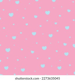 Love seamless repeat pattern with baby pink hearts. Vector abstract texture with small hearts on sky blue backdrop. For website design, desktop wallpaper, kids background, decoration or scrapbook.