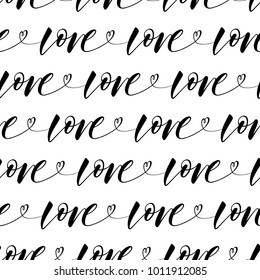 Love. Seamless repeating pattern with black handwritten word on Valentine's Day. Romantic greeting card template, wrapping paper, Pattern for textiles