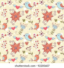 Love seamless texture with flowers and birds, endless floral pattern.