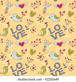 Love seamless texture with flowers and birds, endless floral pattern.