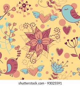 Love seamless texture with flowers and birds, endless floral pattern.